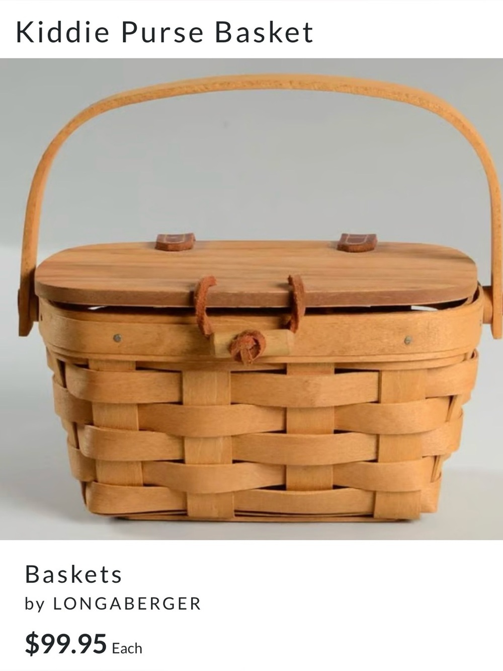 Longaberger Kiddie Purse Basket with Wooden Lid & handle liner signed